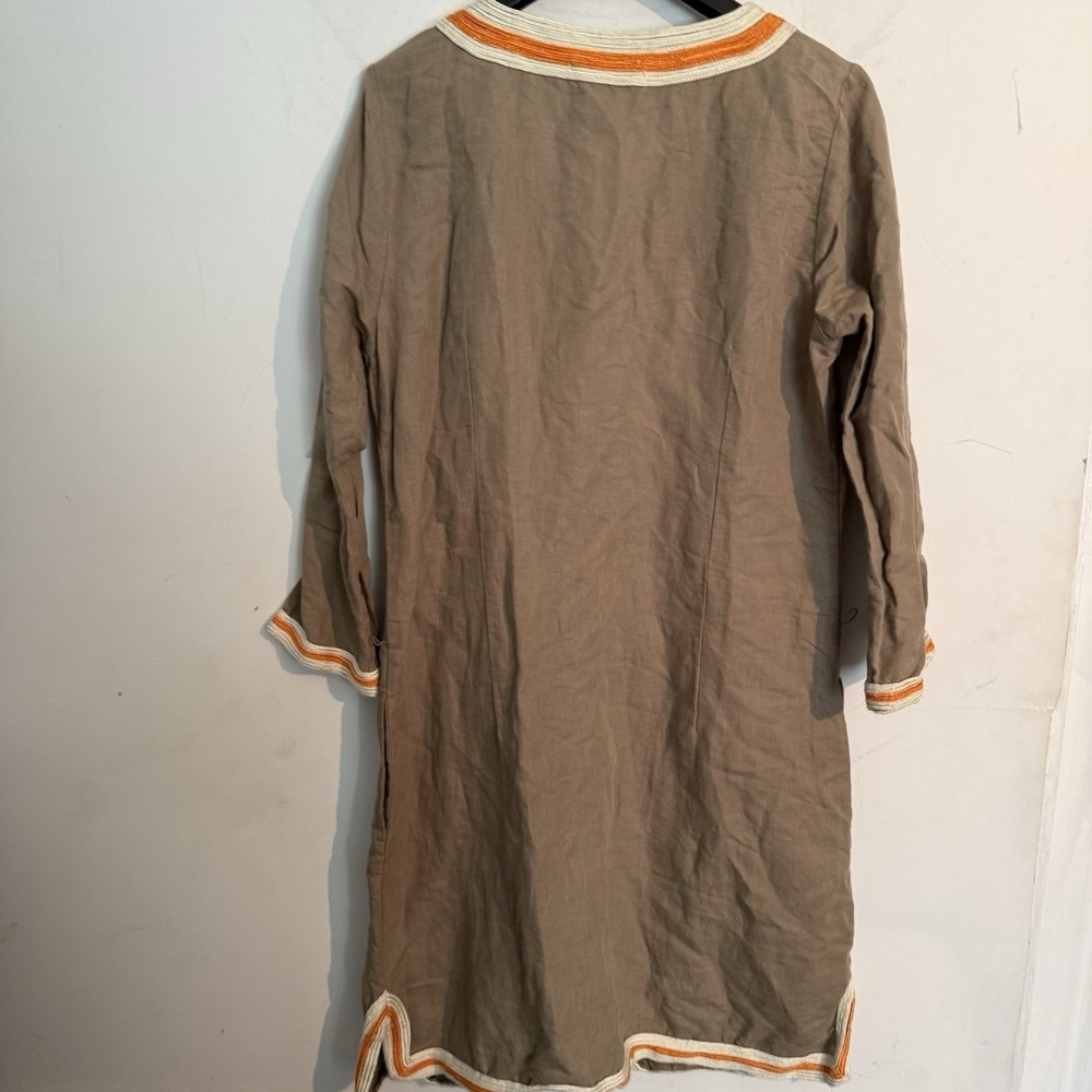 Lucky Brand Linen Dress Small Boho Tunic Taupe Embroidered V Neck Beach Resort - Picture 5 of 5